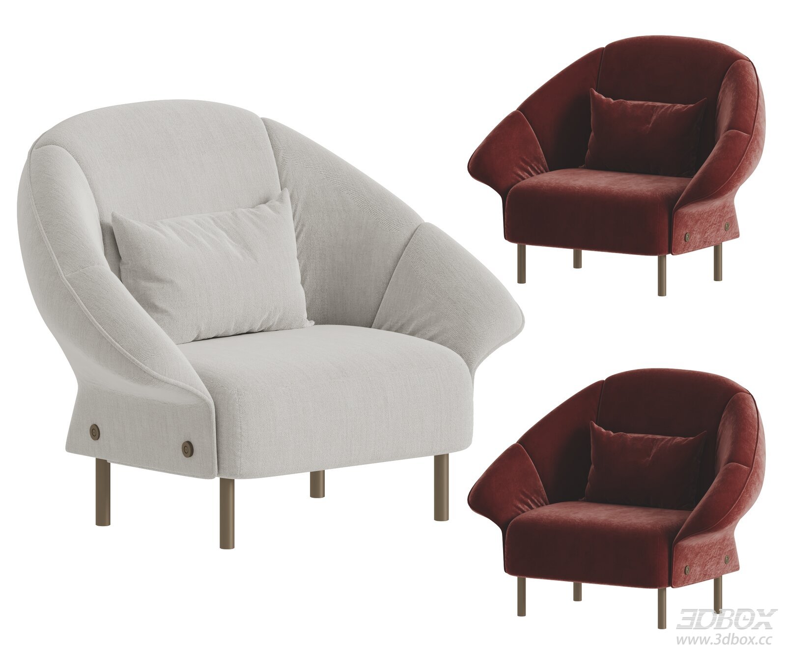 Modern Fabric Velvet Single Armchair with Metal Legs 3D model - front view