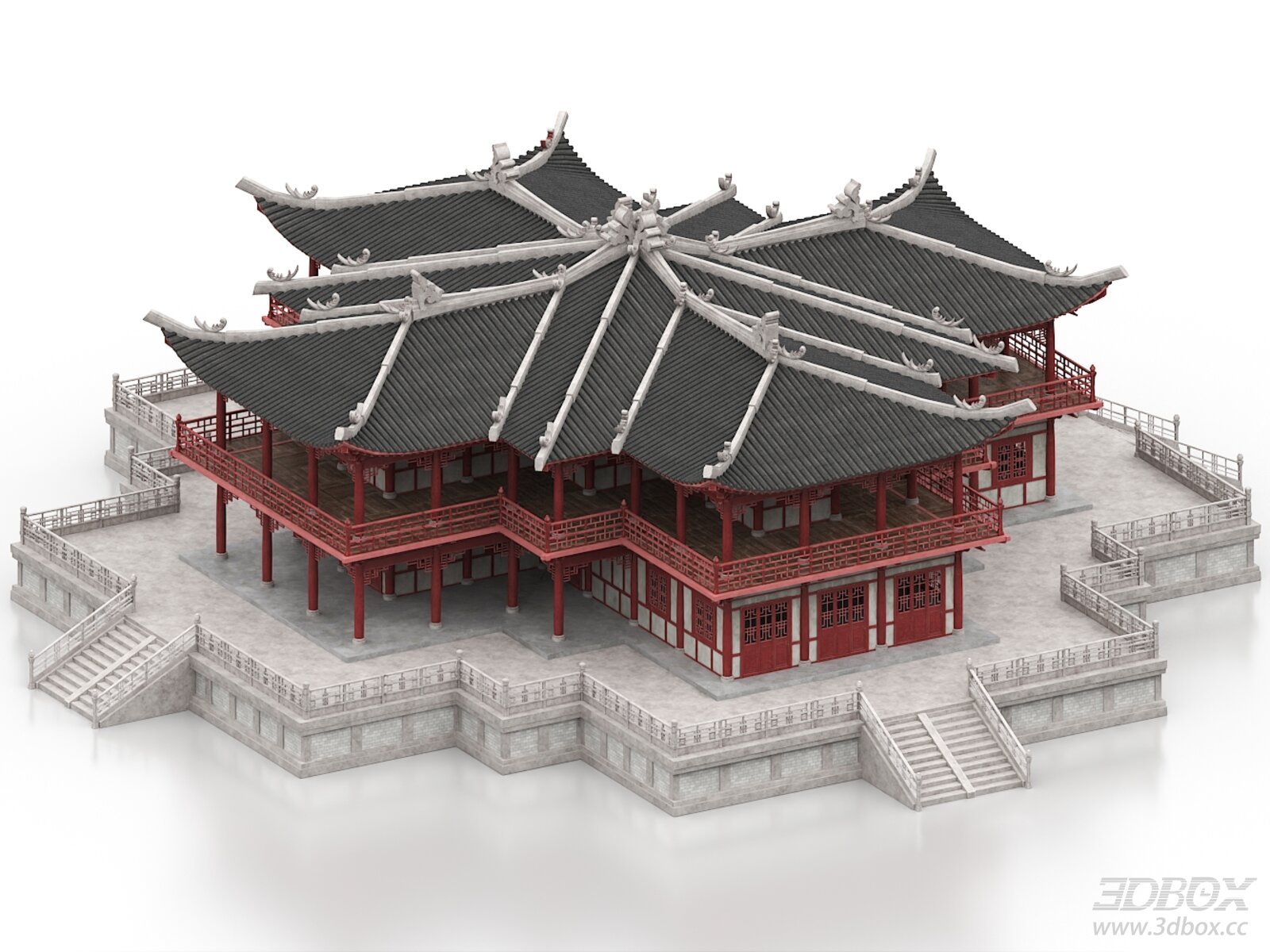 Traditional Ancient Chinese Palace Pavilion Building 3D model - front view