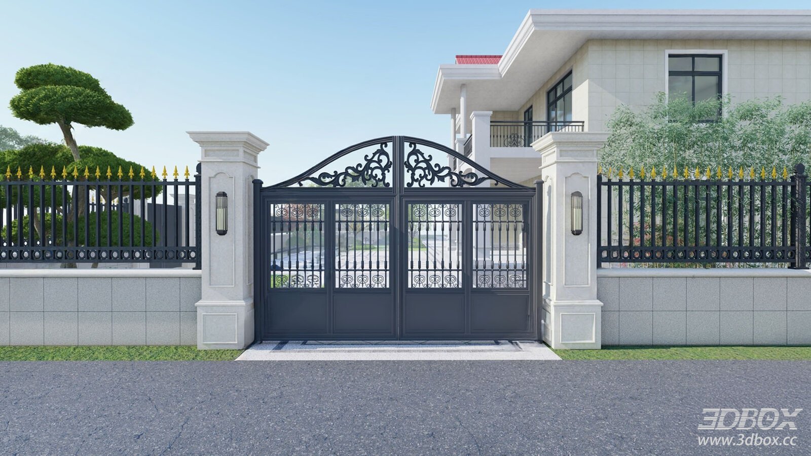 European Style Wrought Iron Villa Entrance Gate With Fence 3D model - front view