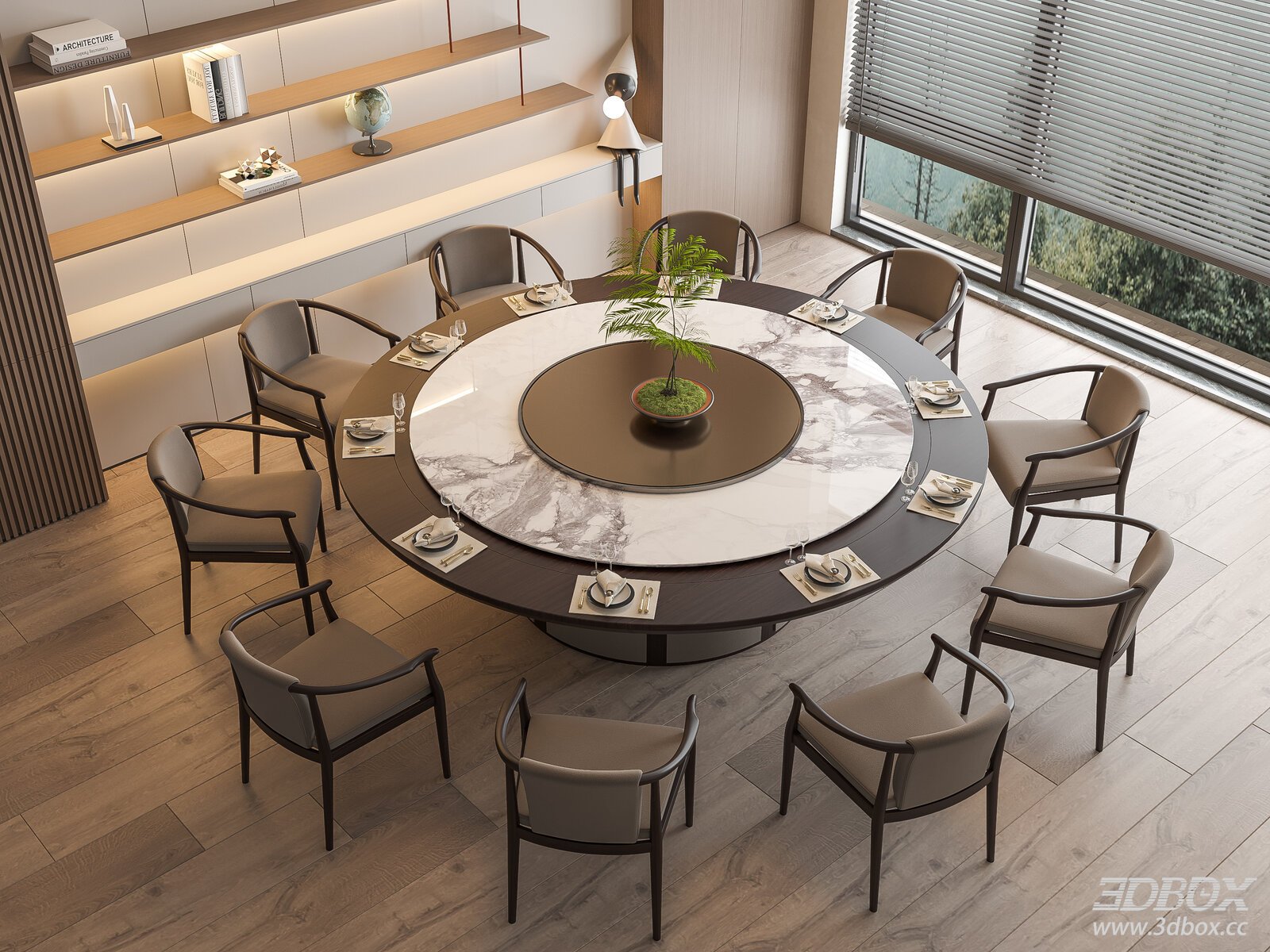 Modern Round Marble Lazy Susan Dining Table and Chairs Set 3D model - front view