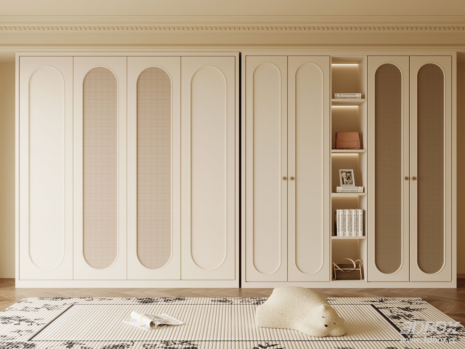 French Style Cream White Rattan Panel Wardrobe 3D model - front view