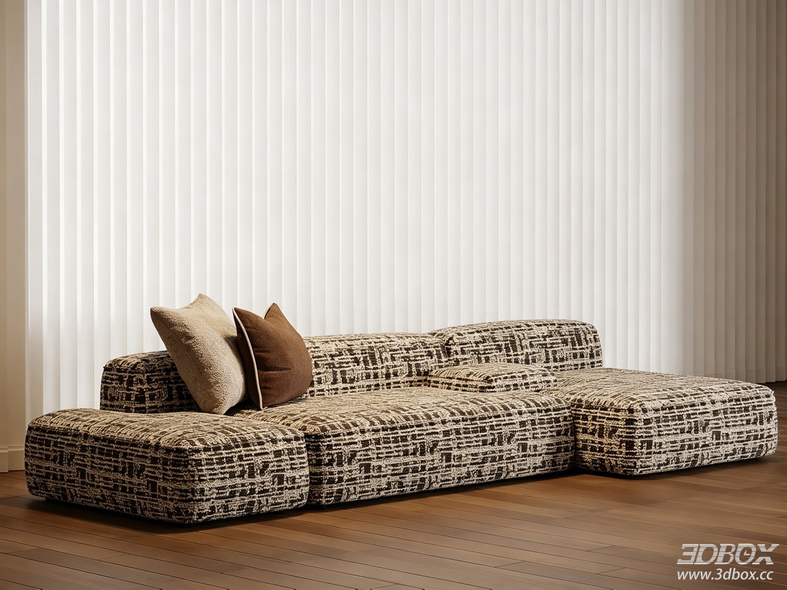 Mid-Century Modern Modular Fabric Sectional Sofa Set 3D model - front view