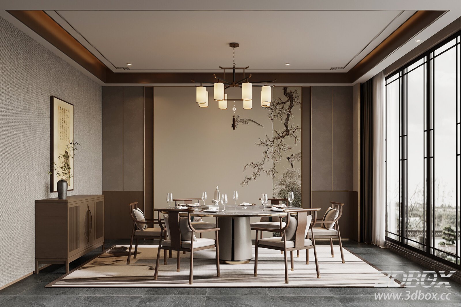 New Chinese Style Private Dining Room Scene 3D model - thumbnail 1