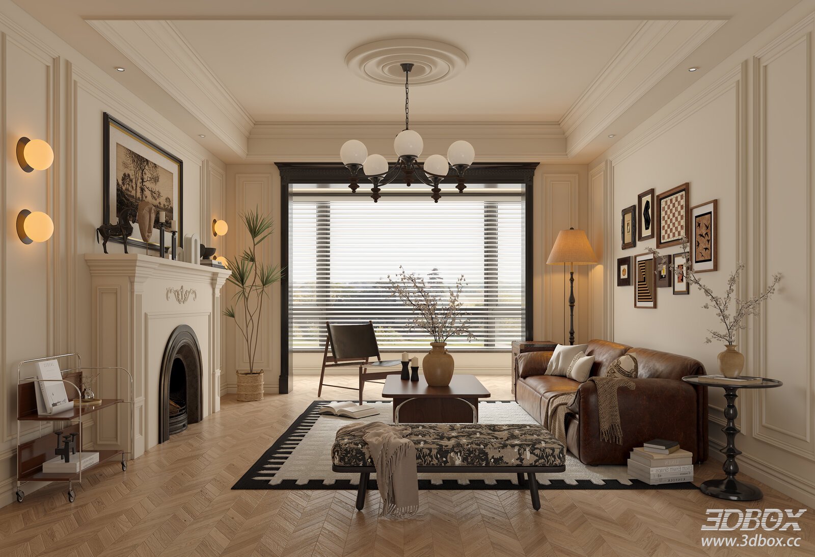 French Vintage Retro Living Room Interior Scene 3D model - front view