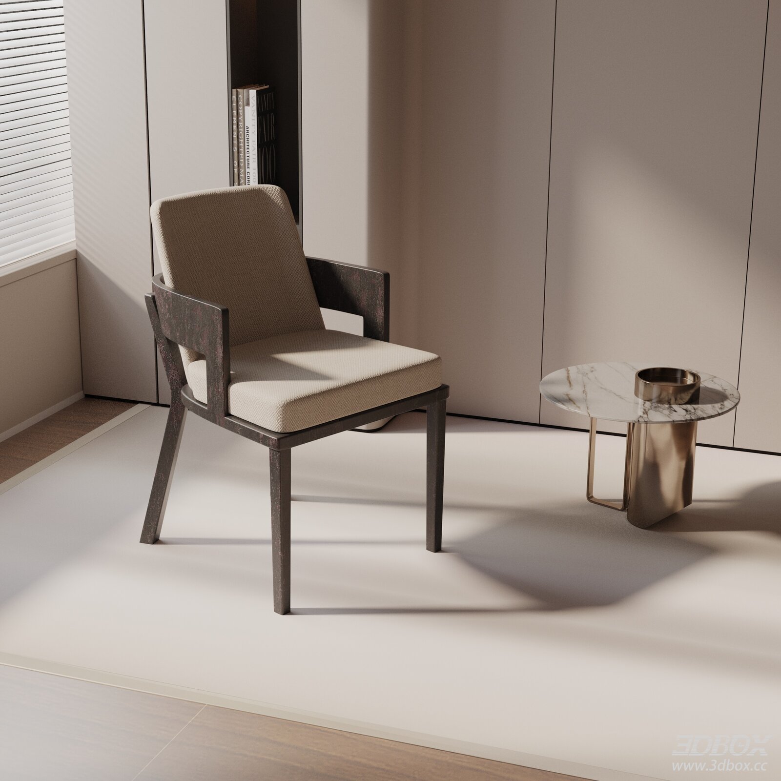 Modern Minimalist Fabric Upholstered Armchair with Wooden Frame 3D model - front view