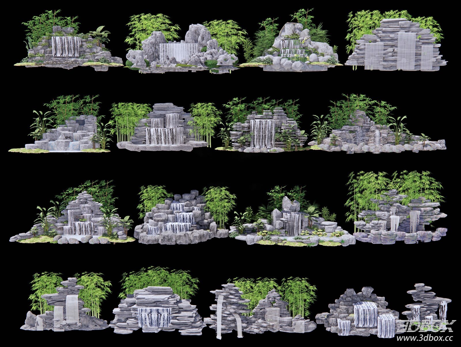 Chinese Style Rockery Waterfall Landscape Set 3D model - front view