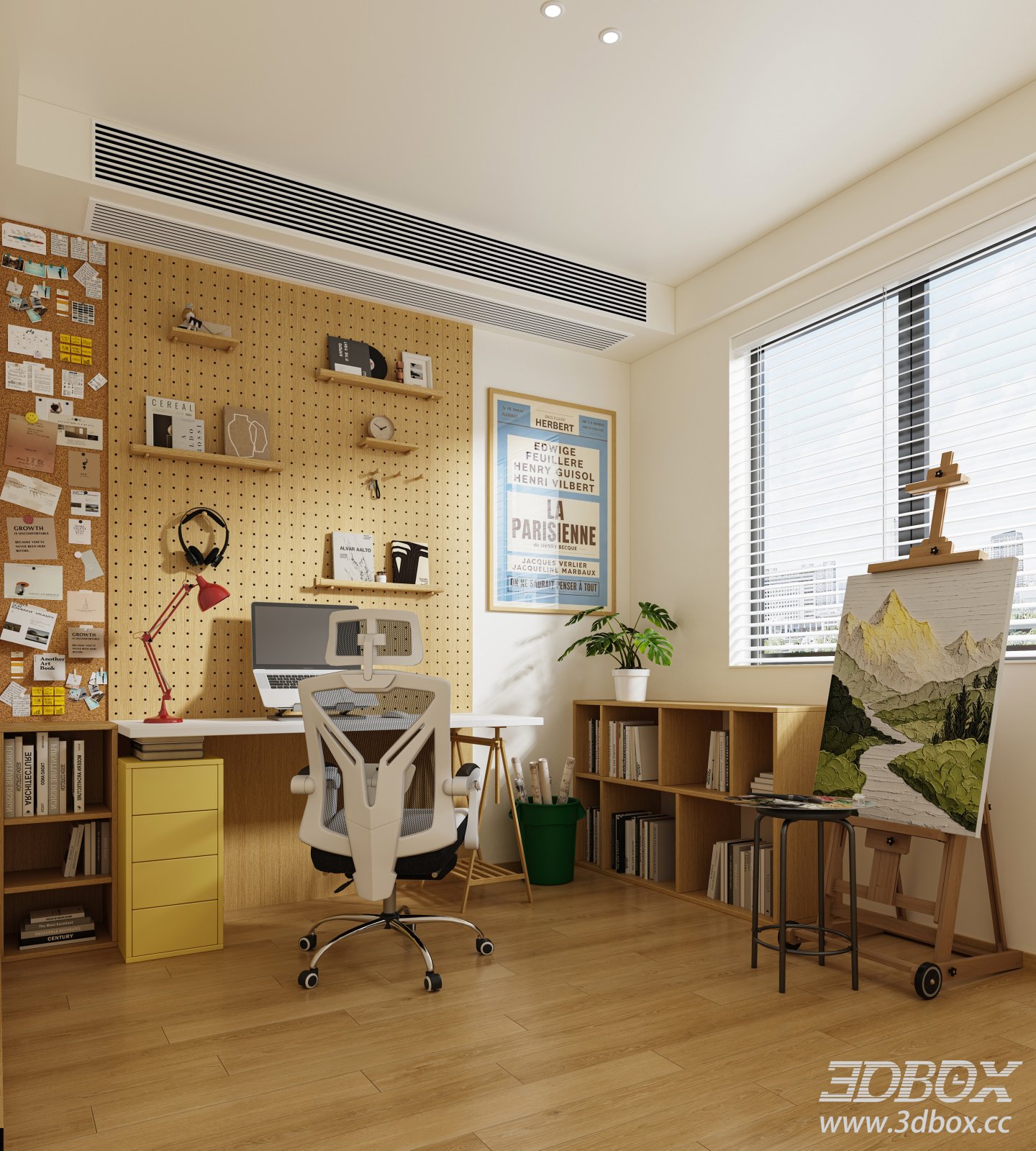 Modern Natural Wood Work Room Interior Scene 3D model - thumbnail 1