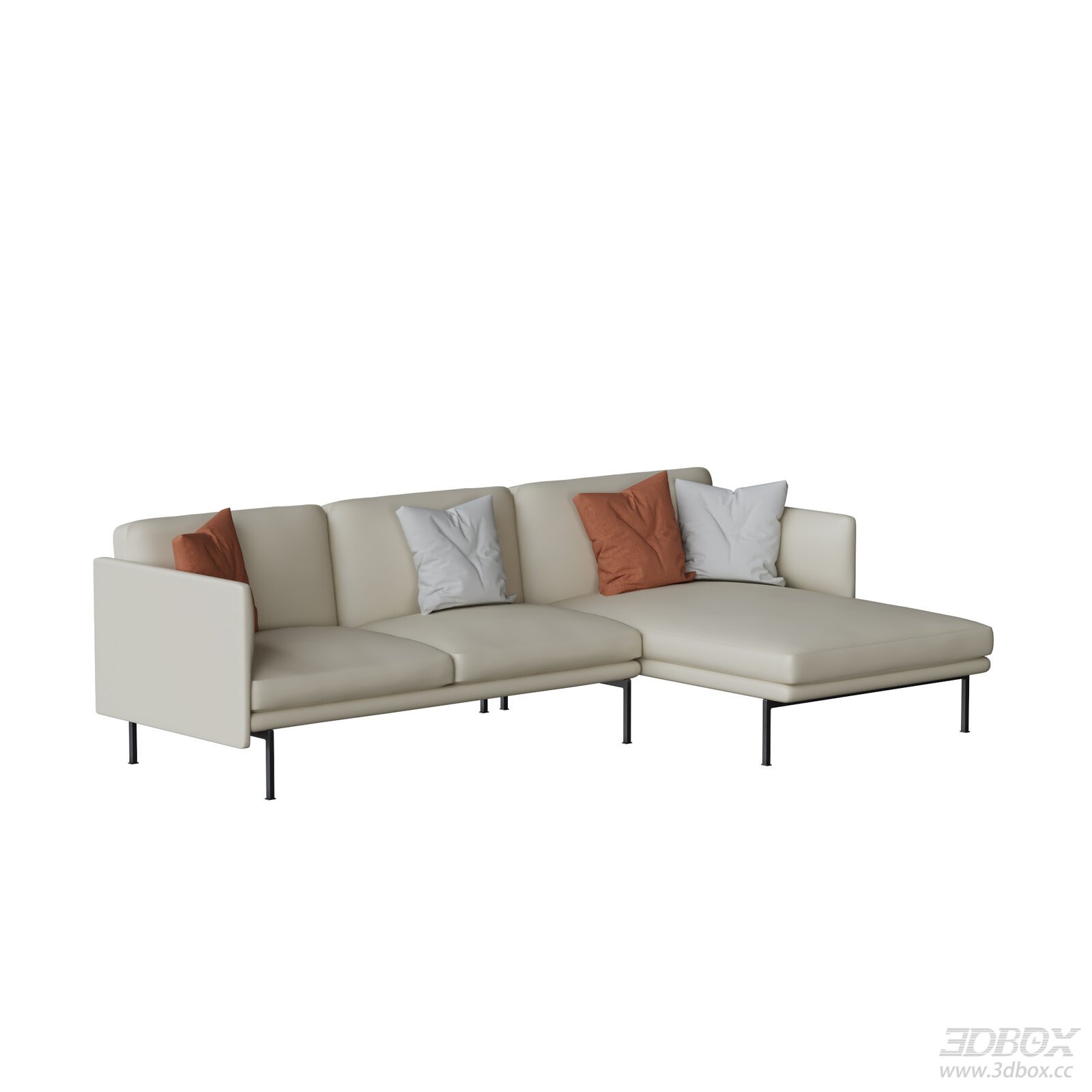 Modern Beige Leather Sectional Sofa with Throw Pillows 3D model - front view