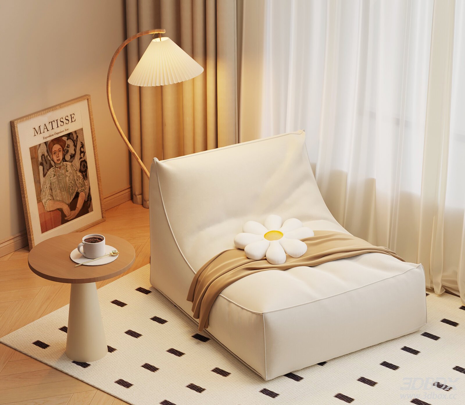 Modern Cream Style Single Sofa with Side Table 3D model - front view