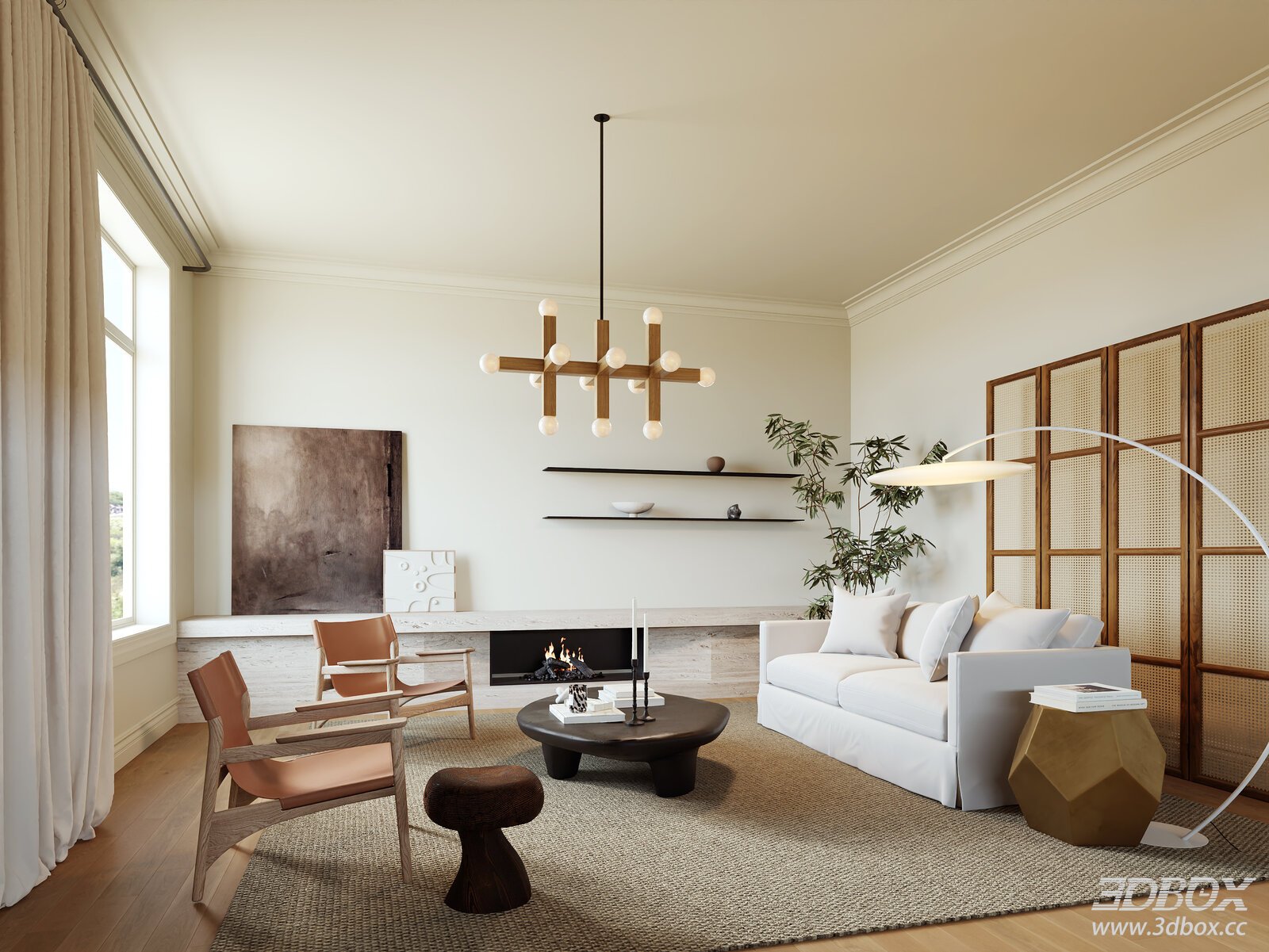 Modern Wabi Sabi Wooden Style Living Room Interior 3D model - front view