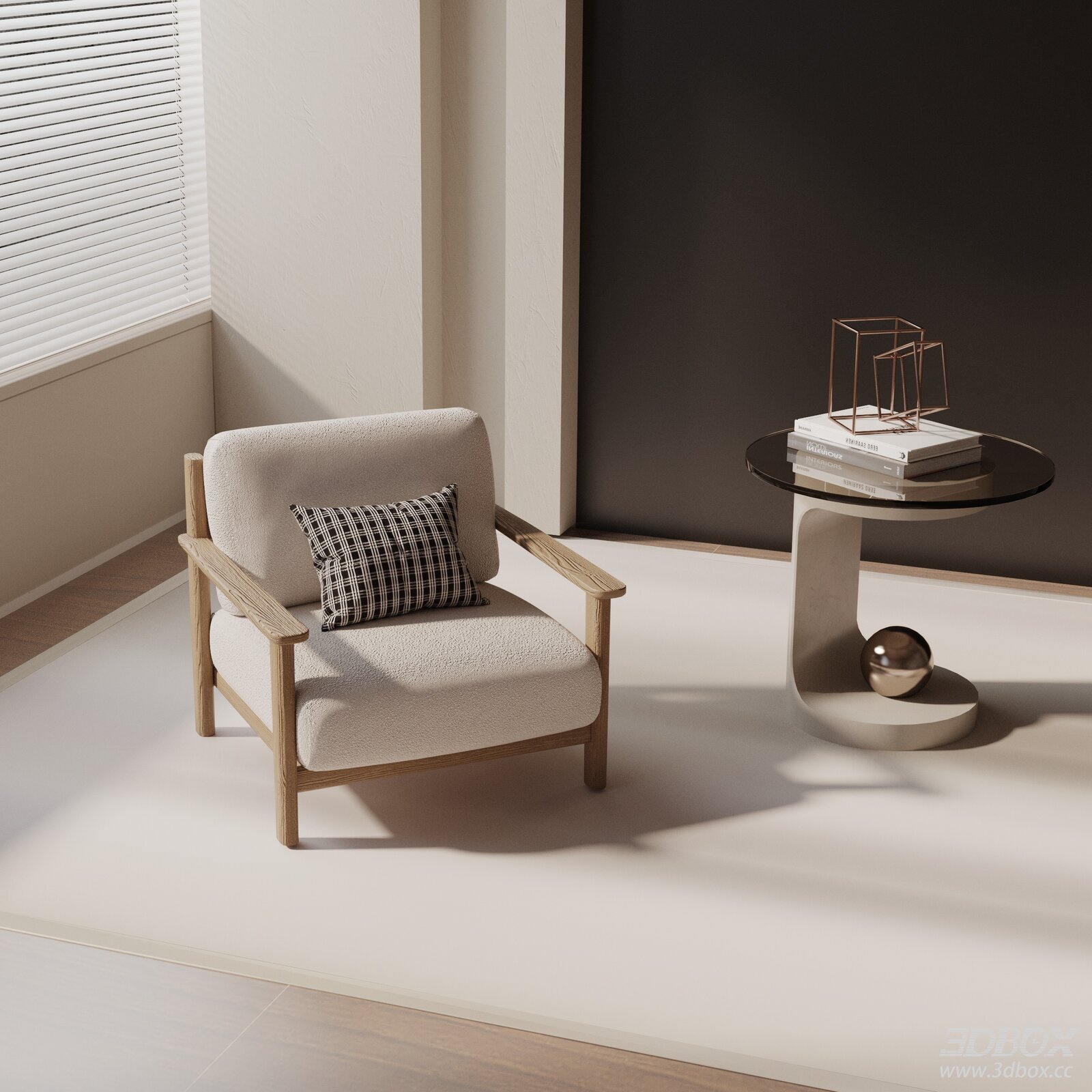 Modern Fabric Wooden Armchair with Side Table 3D model - front view