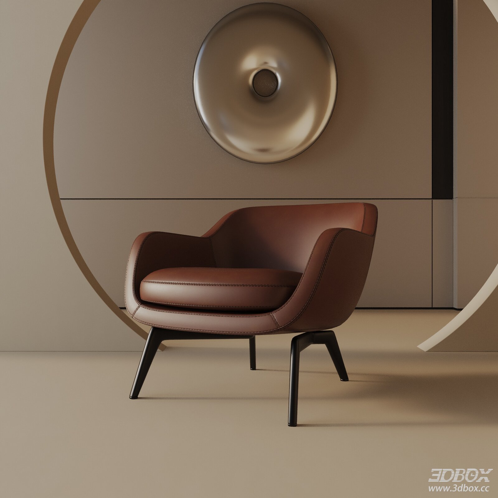 Modern Brown Leather Armchair with Black Metal Legs 3D model - front view