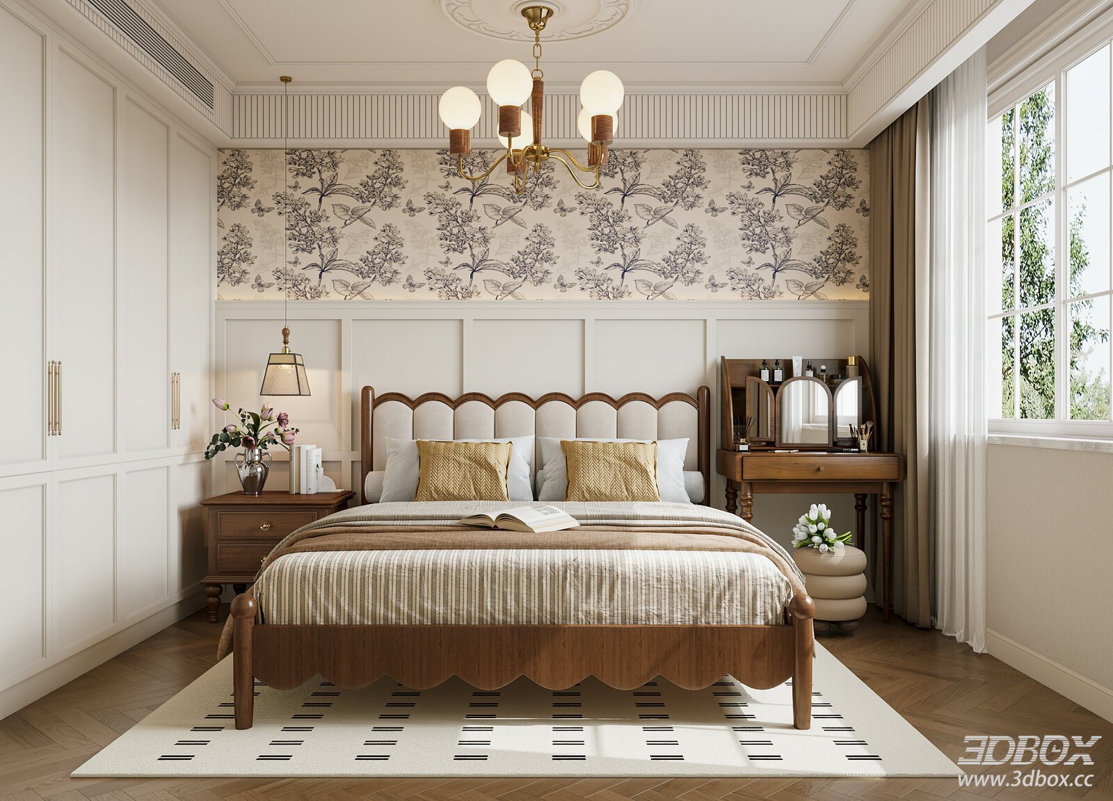 French Vintage Style Bedroom Interior Scene 3D model - front view