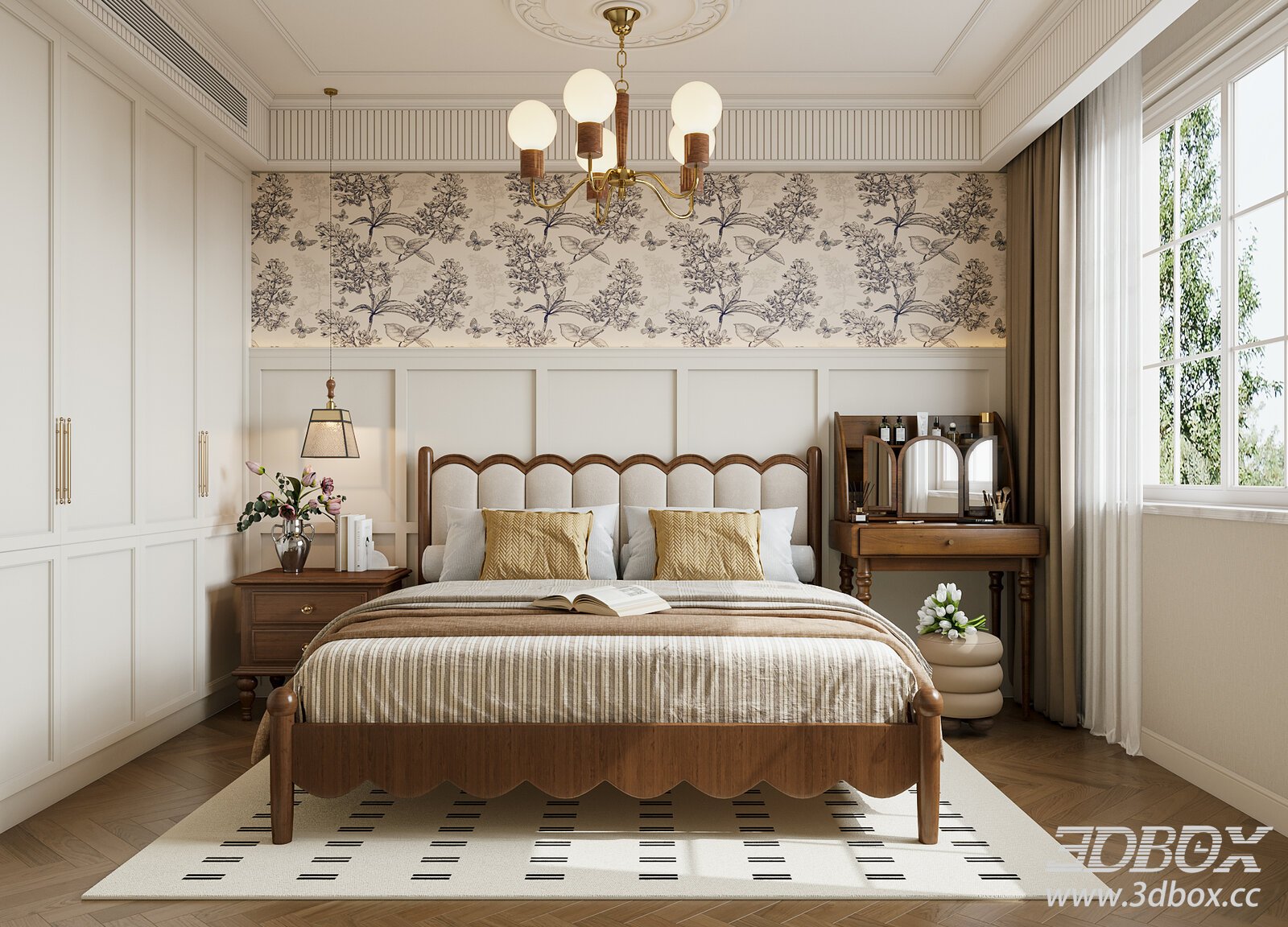 French Vintage Style Bedroom Interior Scene 3D model - thumbnail 1