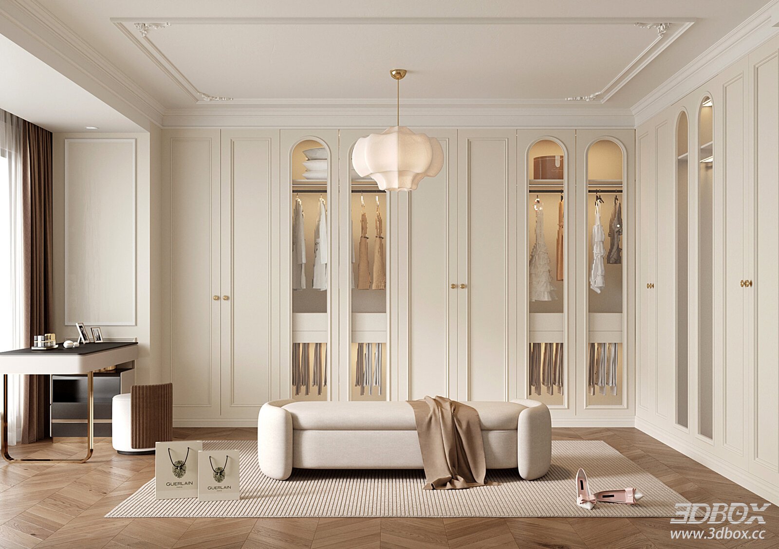 French Style Luxury Dressing Room with Wardrobe and Dressing Table 3D model - front view