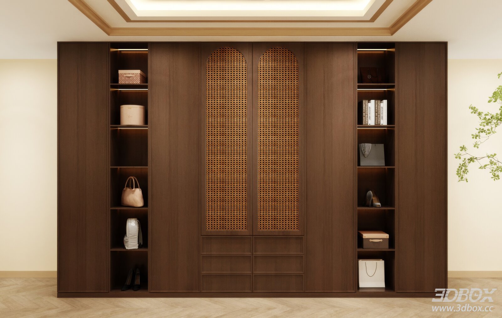 Modern Rattan Panel Wooden Wardrobe Storage Cabinet 3D model - front view