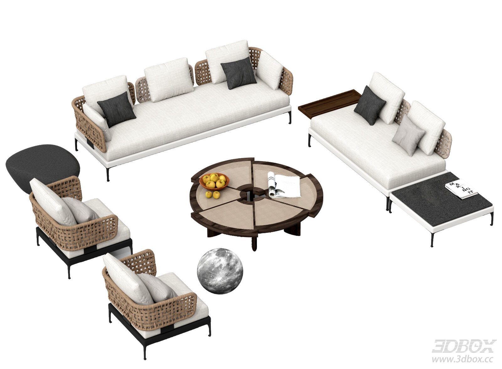 Modern Rattan Outdoor Sofa Set with Coffee Table and Lounge Chairs 3D model - front view