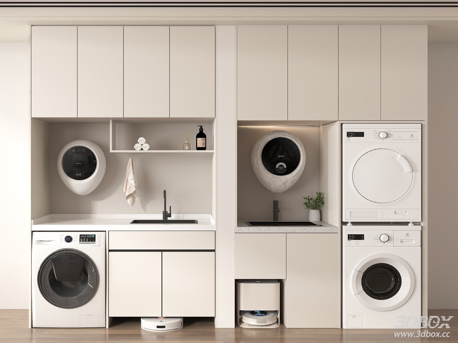 Modern Cream Style Laundry Cabinet with Washing Machines and Dryers 3D model - front view