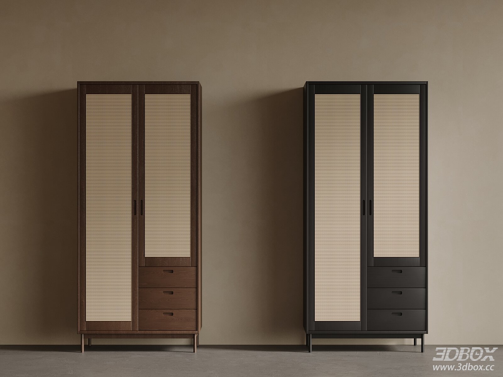New Chinese Style Rattan Wardrobe Set 3D model - front view
