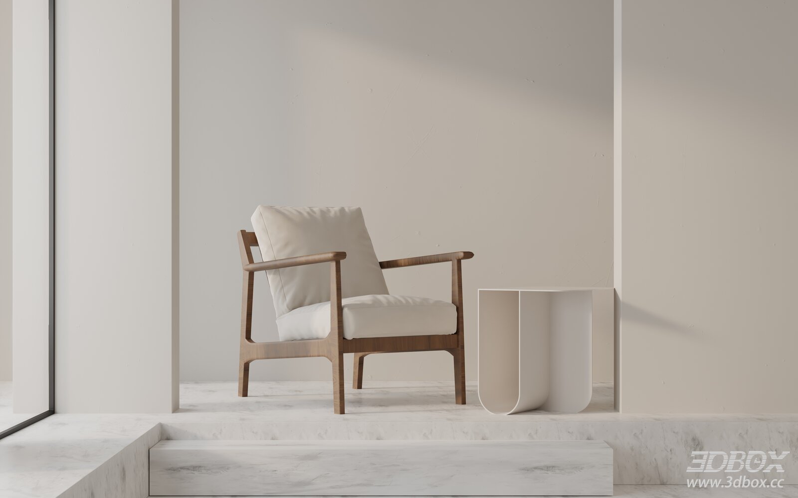 Modern Minimalist Wooden Frame Armchair With Side Table 3D model - front view