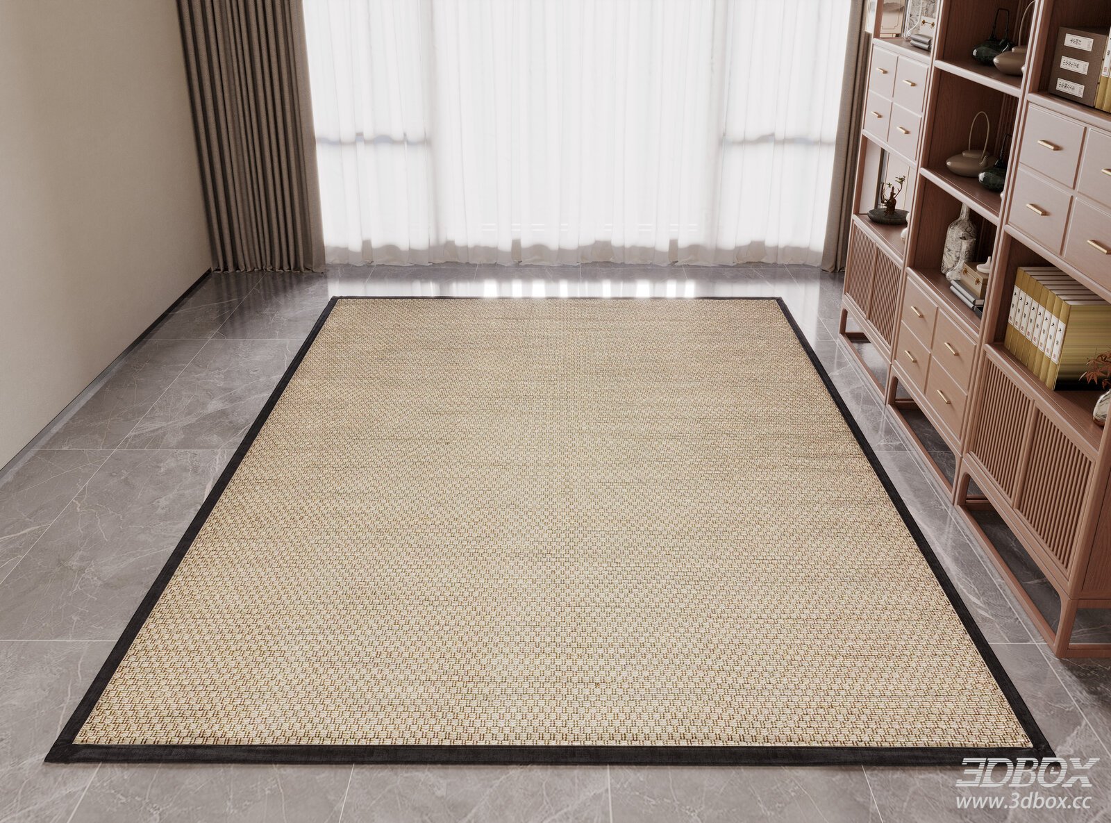 Modern Linen Woven Carpet with Black Border 3D model - front view