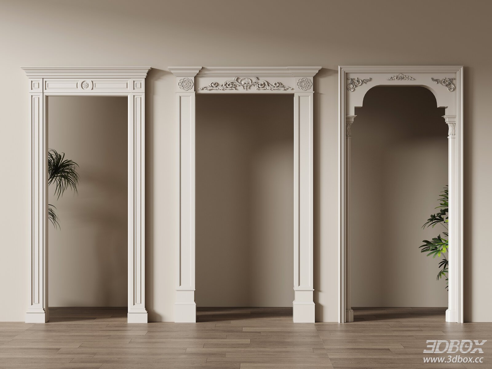 Classic Carved Decorative Door Frame Archway Set 3D model - front view