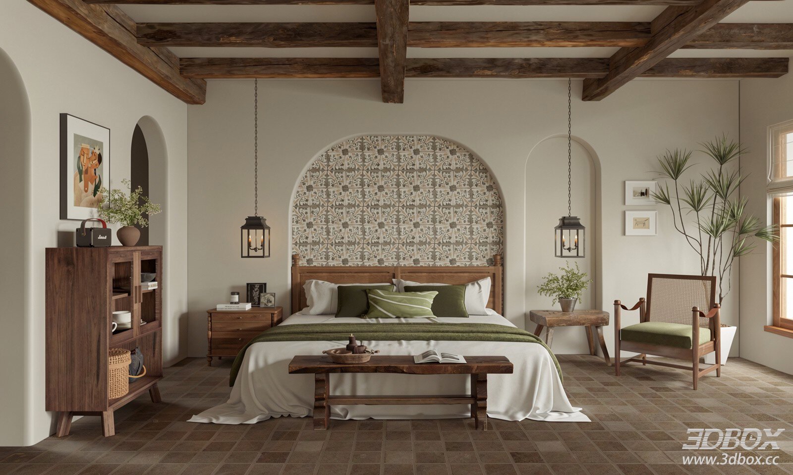 Wabi Sabi Natural Wood Homestay Bedroom Interior Scene 3D model - front view