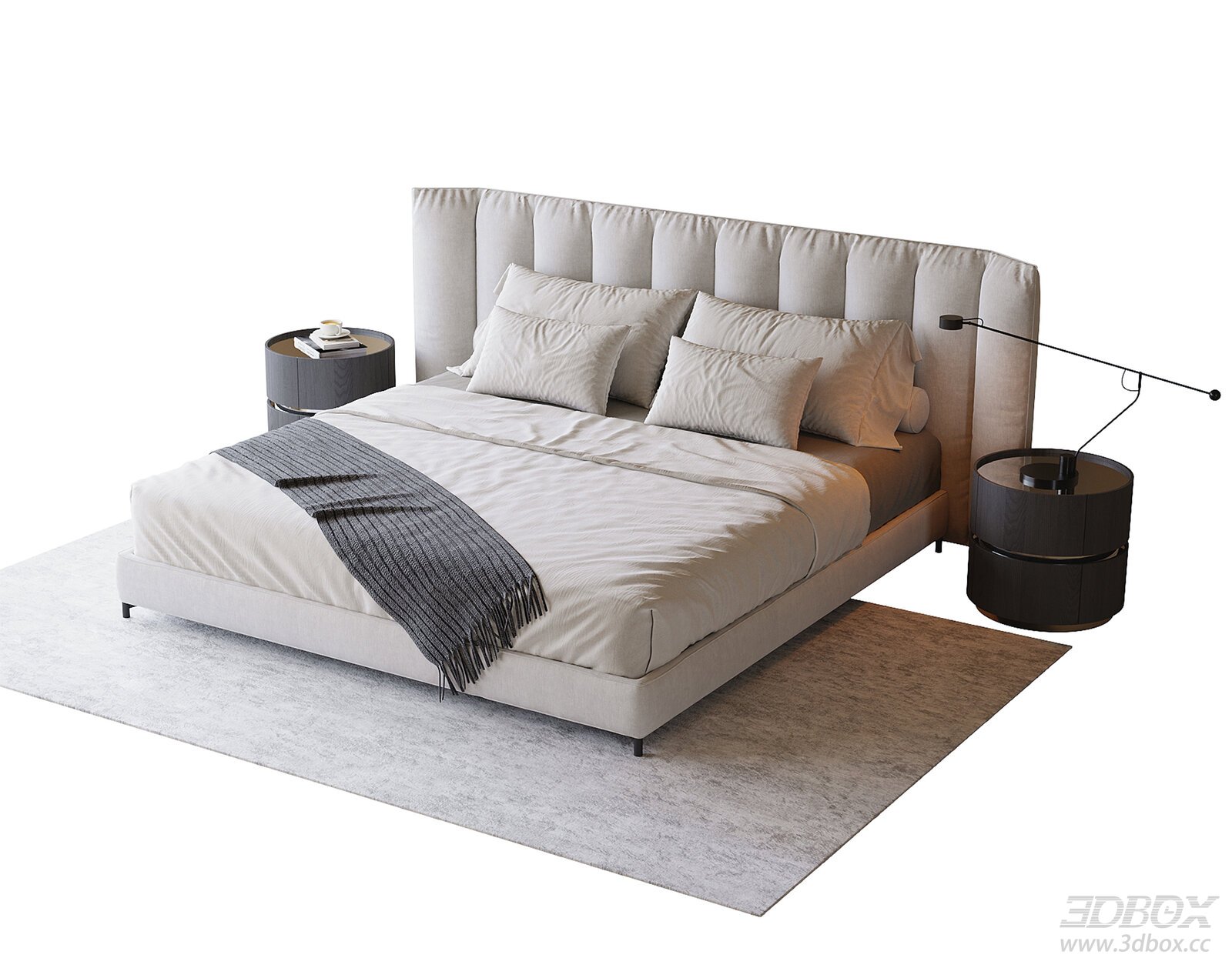 Modern Upholstered Double Bed with Nightstands and Table Lamp 3D model - front view