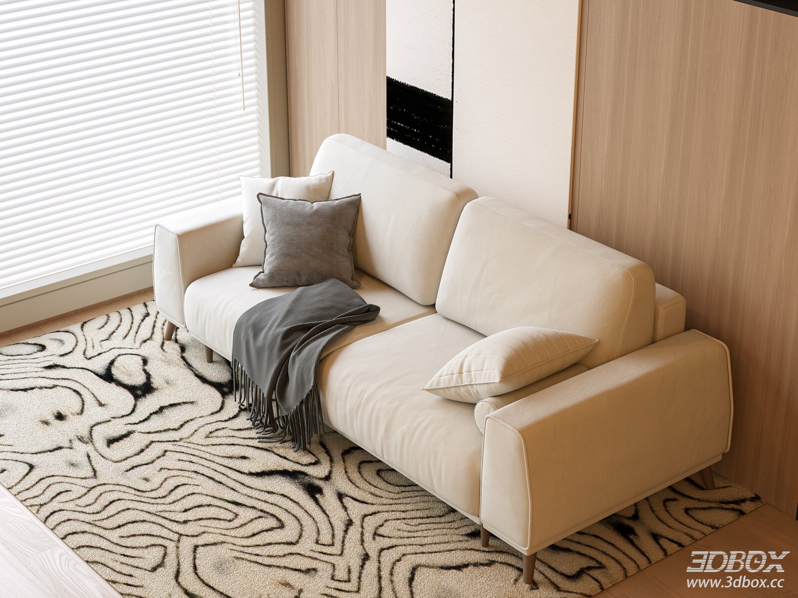 Modern Beige Fabric Double Sofa with Pillows and Throw Blanket 3D model - front view