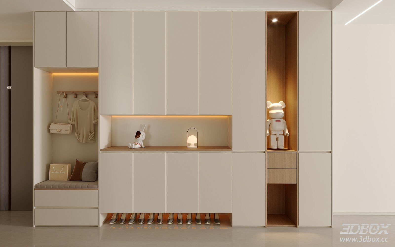 Modern Cream Style Hallway Shoe Storage Cabinet 3D model - front view