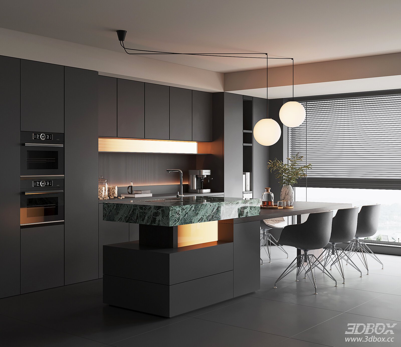 Modern Minimalist Kitchen and Dining Room 3D model - front view