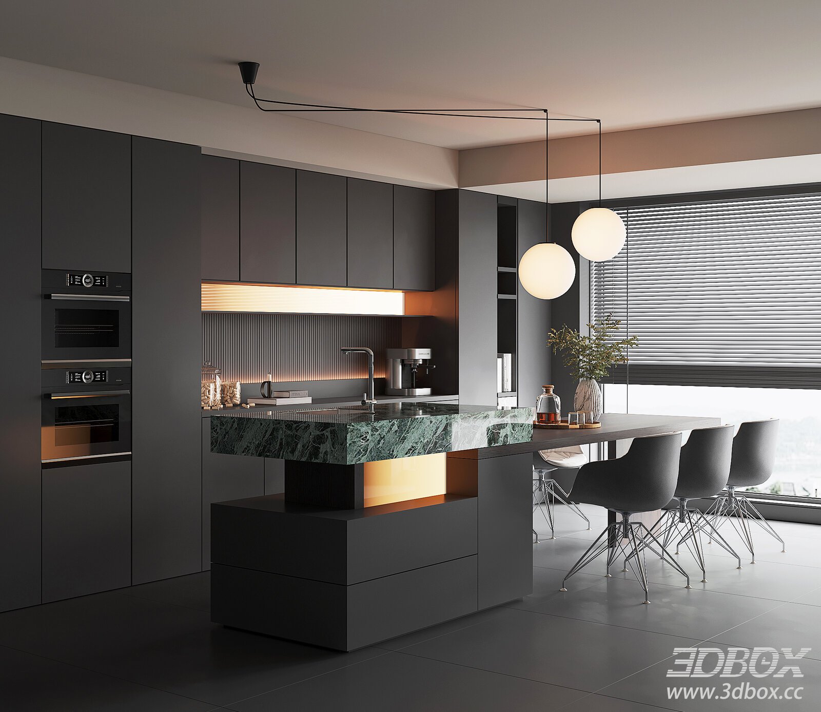 Modern Minimalist Kitchen and Dining Room 3D model - thumbnail 1