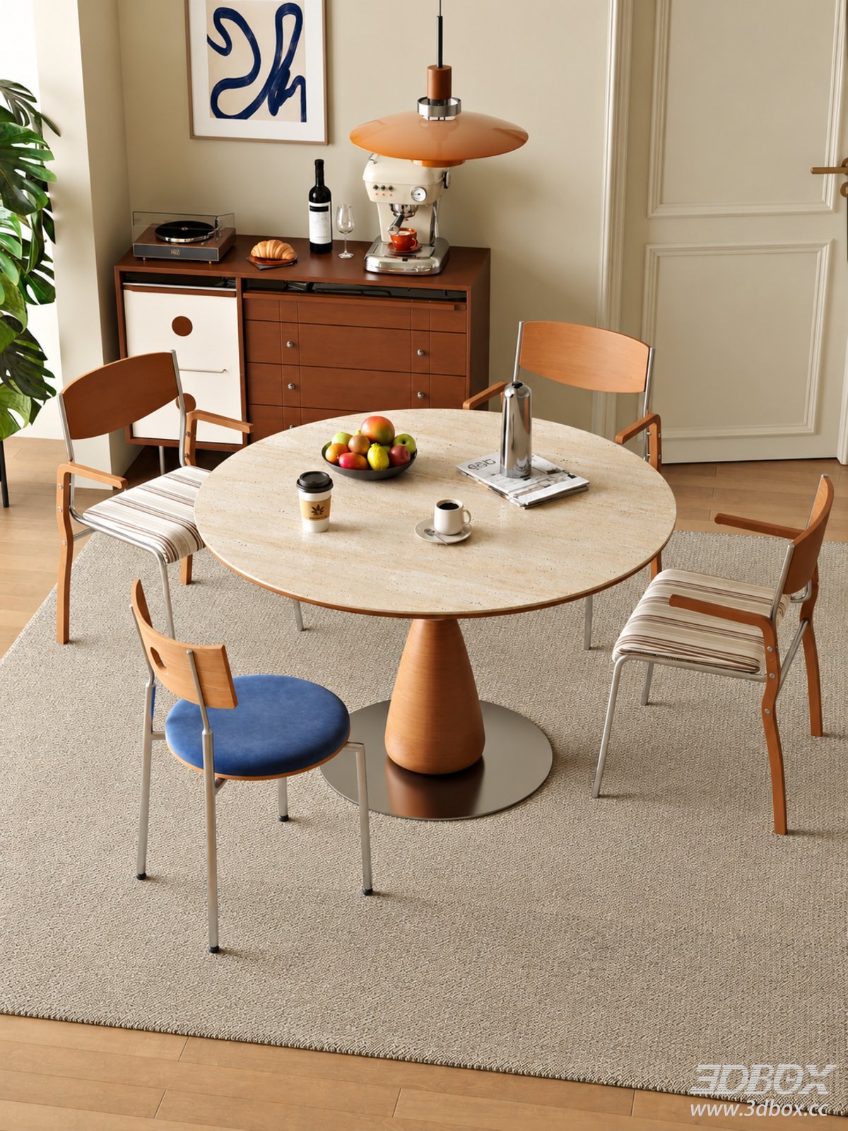 Mid Century Style Dining Room with Round Table and Chairs 3D model - front view
