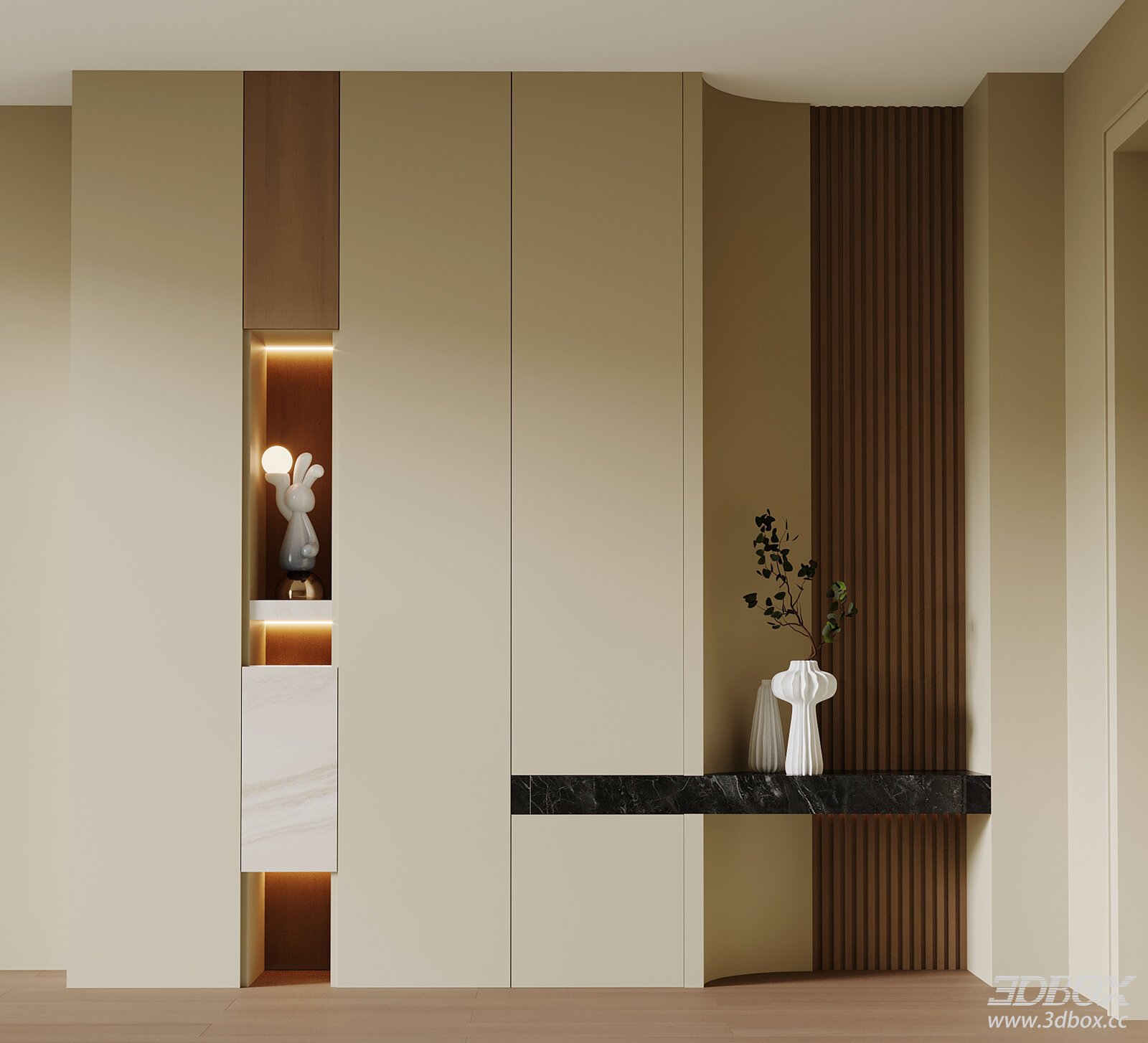 Modern Minimalist Hallway Shoe Cabinet with Marble Console 3D model - front view