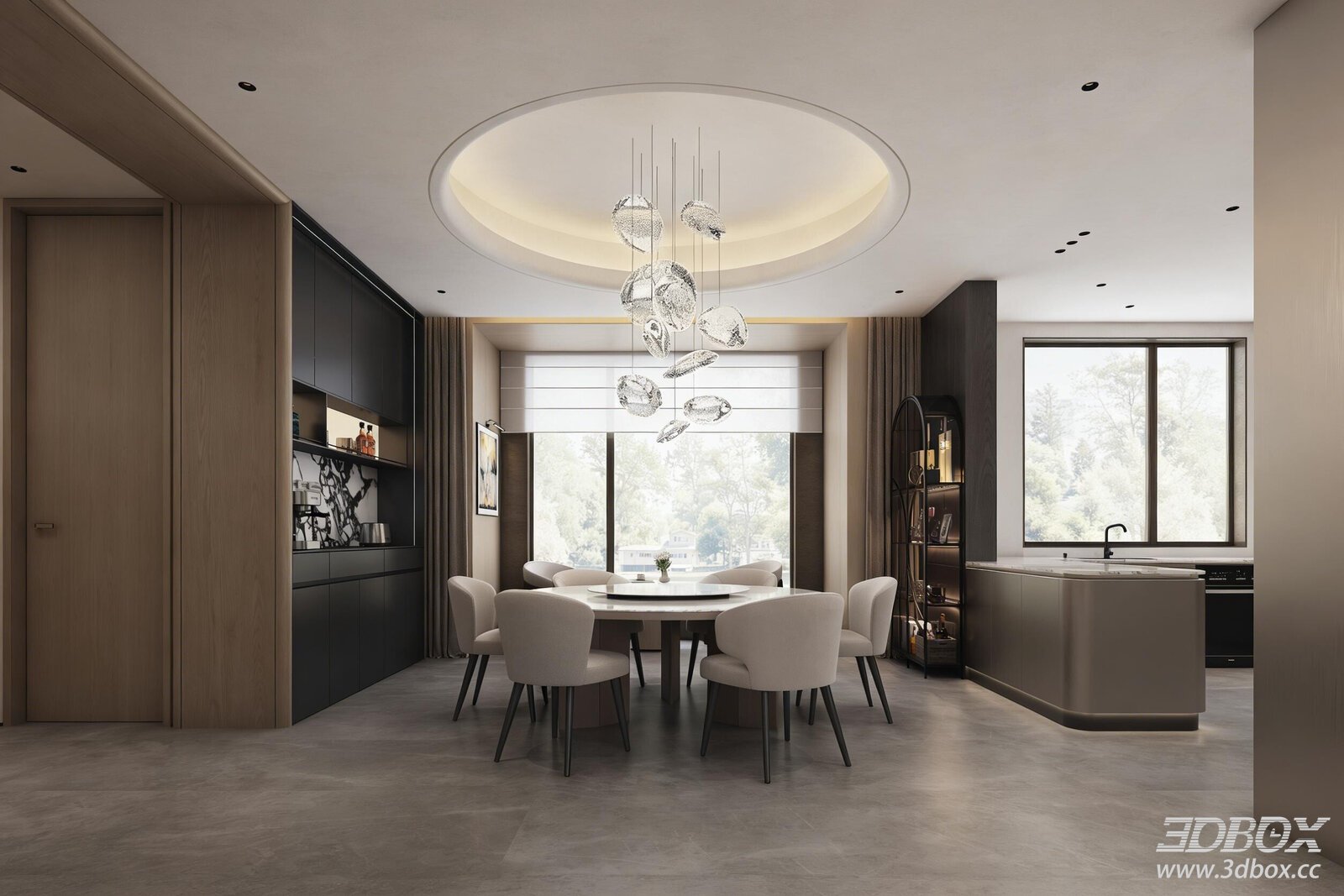 Modern Luxury Villa Kitchen and Dining Room Interior 3D model - front view