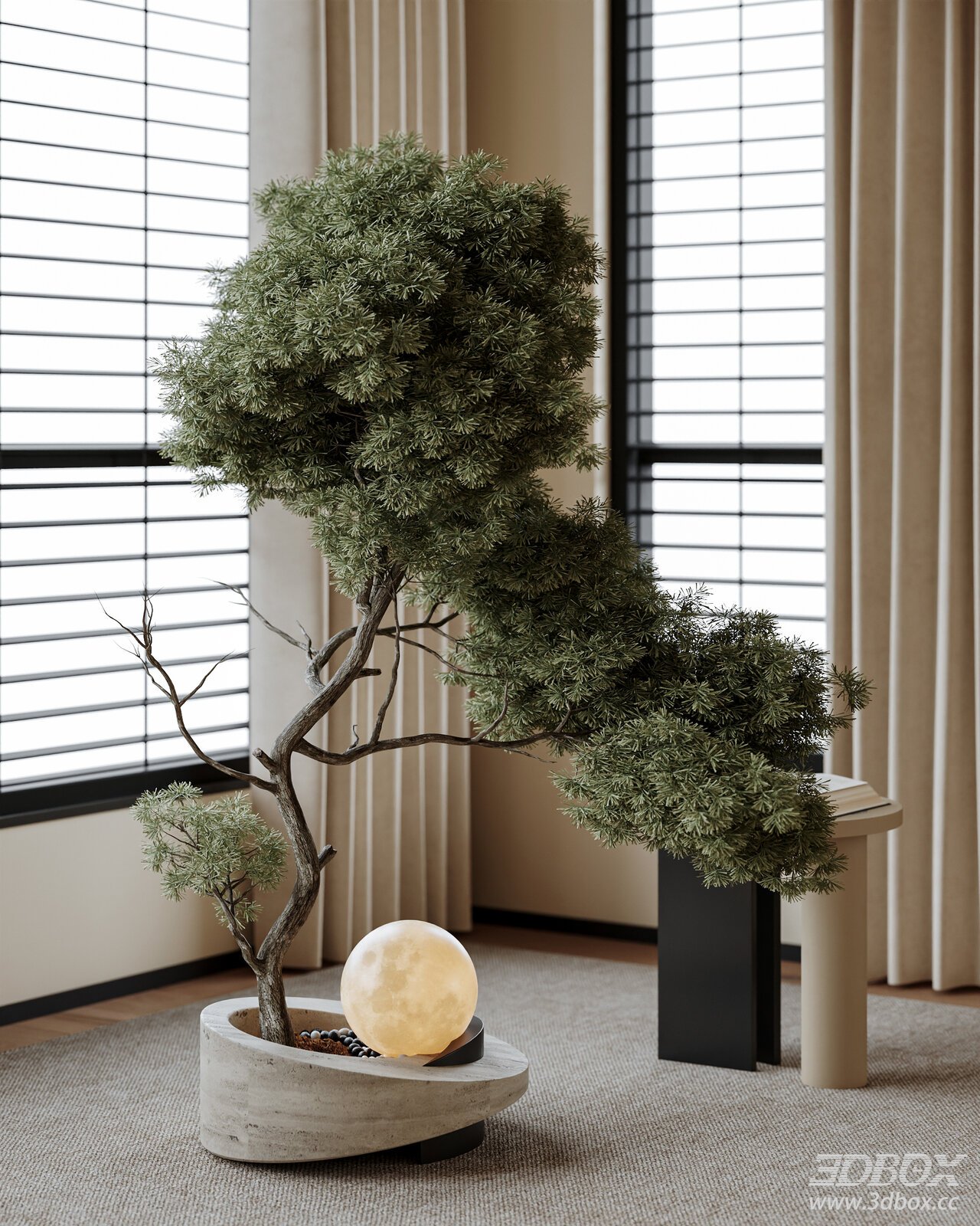 Vintage Bonsai Pine Potted Plant with Moon Lamp 3D model - front view