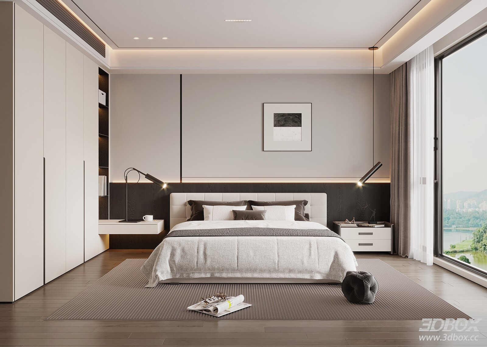 Modern Italian Style Bedroom with Double Bed Wardrobe Nightstands 3D model - front view