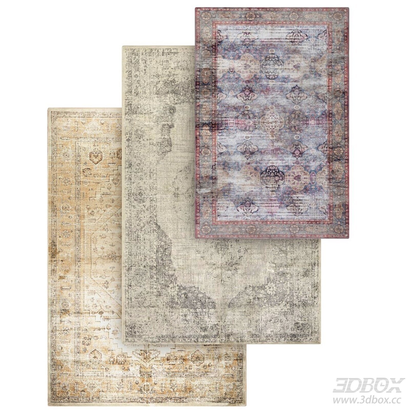 Vintage Distressed Oriental Carpet Set 3D model - thumbnail 1