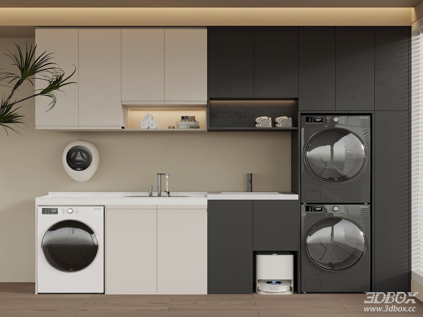 Modern Laundry Room with Washing Machines and Storage Cabinets 3D model - front view