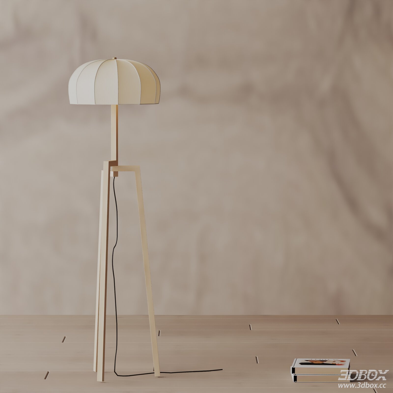 Modern Wooden Tripod Floor Lamp with Fabric Shade 3D model - front view