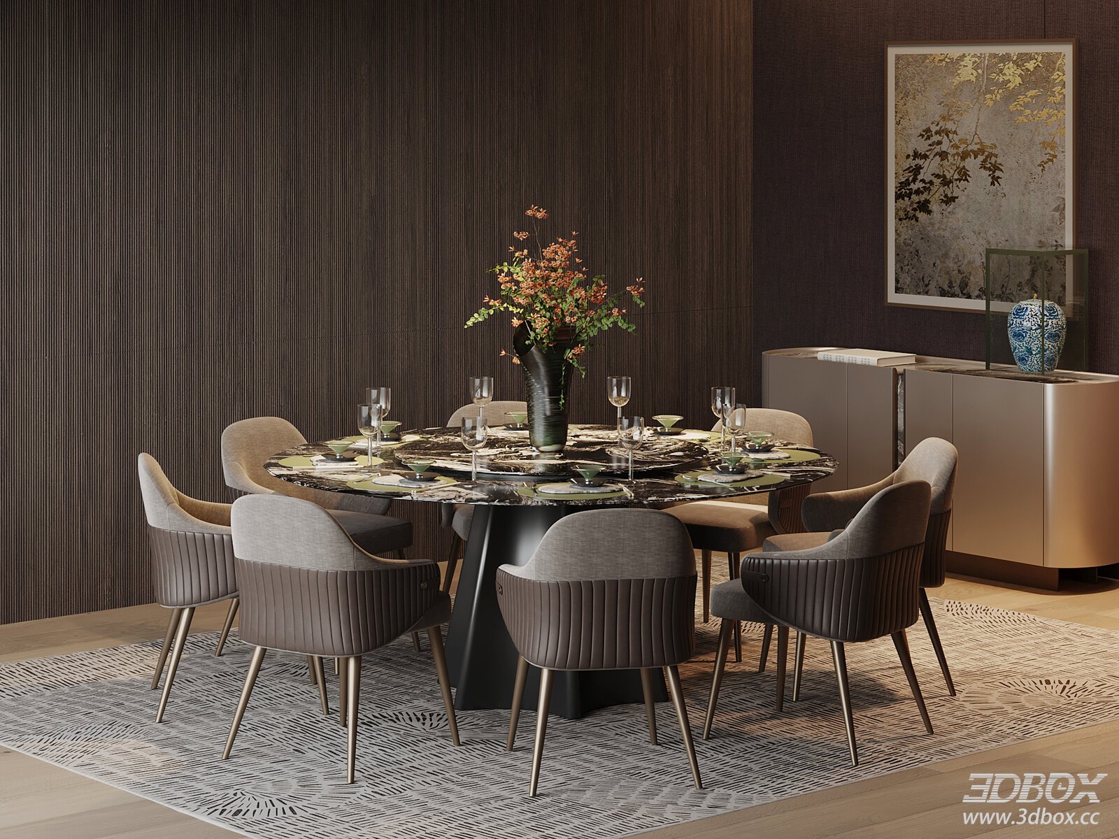 Italian Style Luxury Marble Dining Table and Chairs Set 3D model - front view