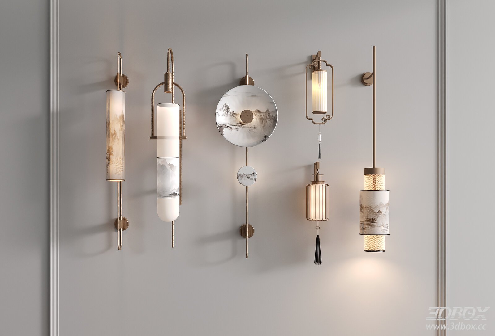 New Chinese Style Brass Wall Lamp Set 3D model - front view