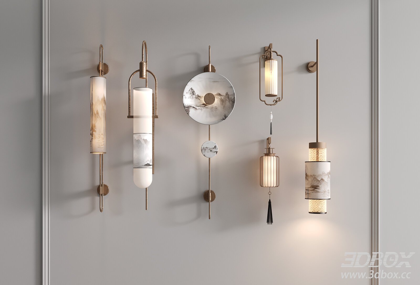 New Chinese Style Brass Wall Lamp Set 3D model - thumbnail 1