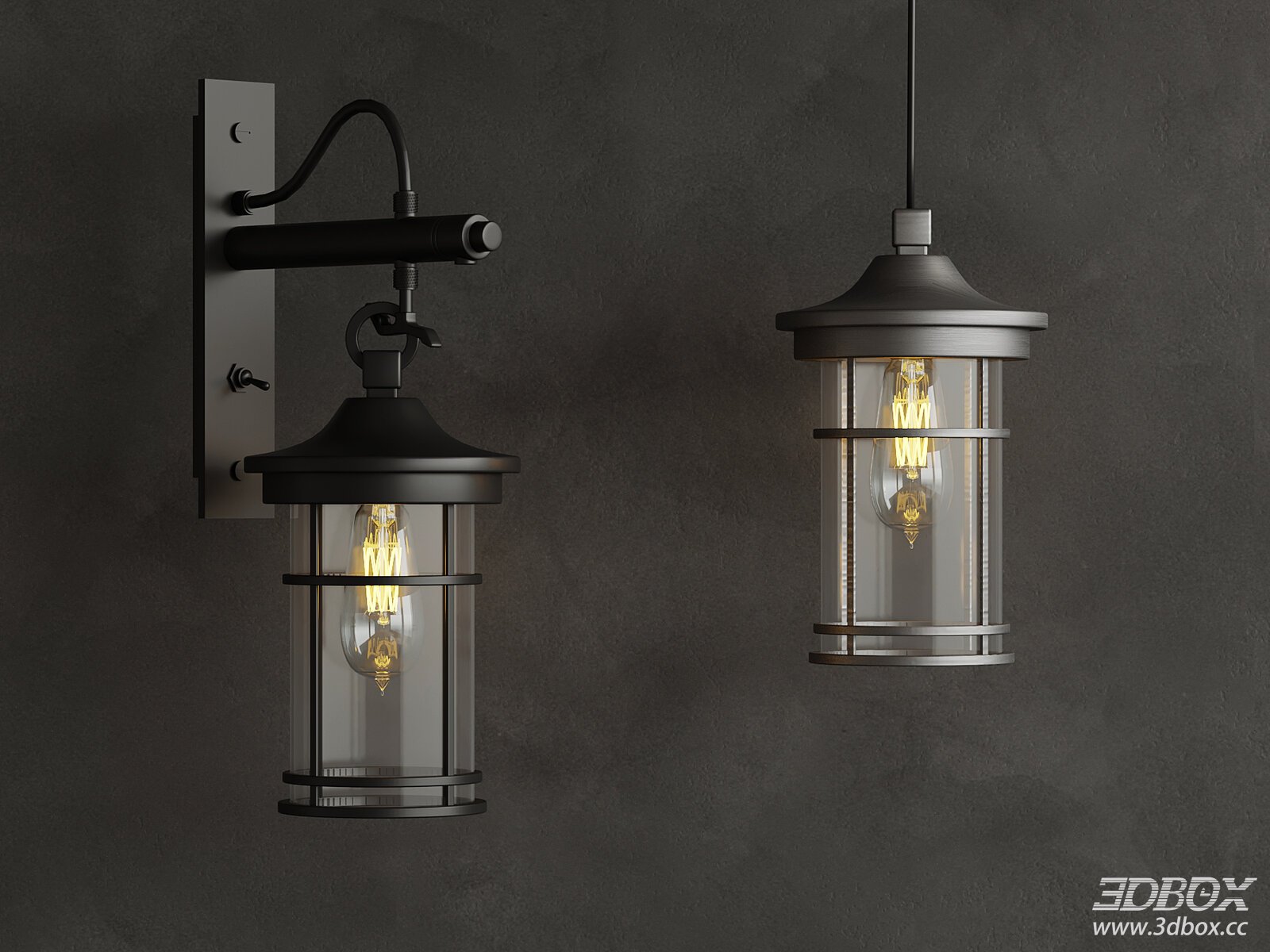 Industrial Wall Lamp and Pendant Lamp Set 3D model - front view