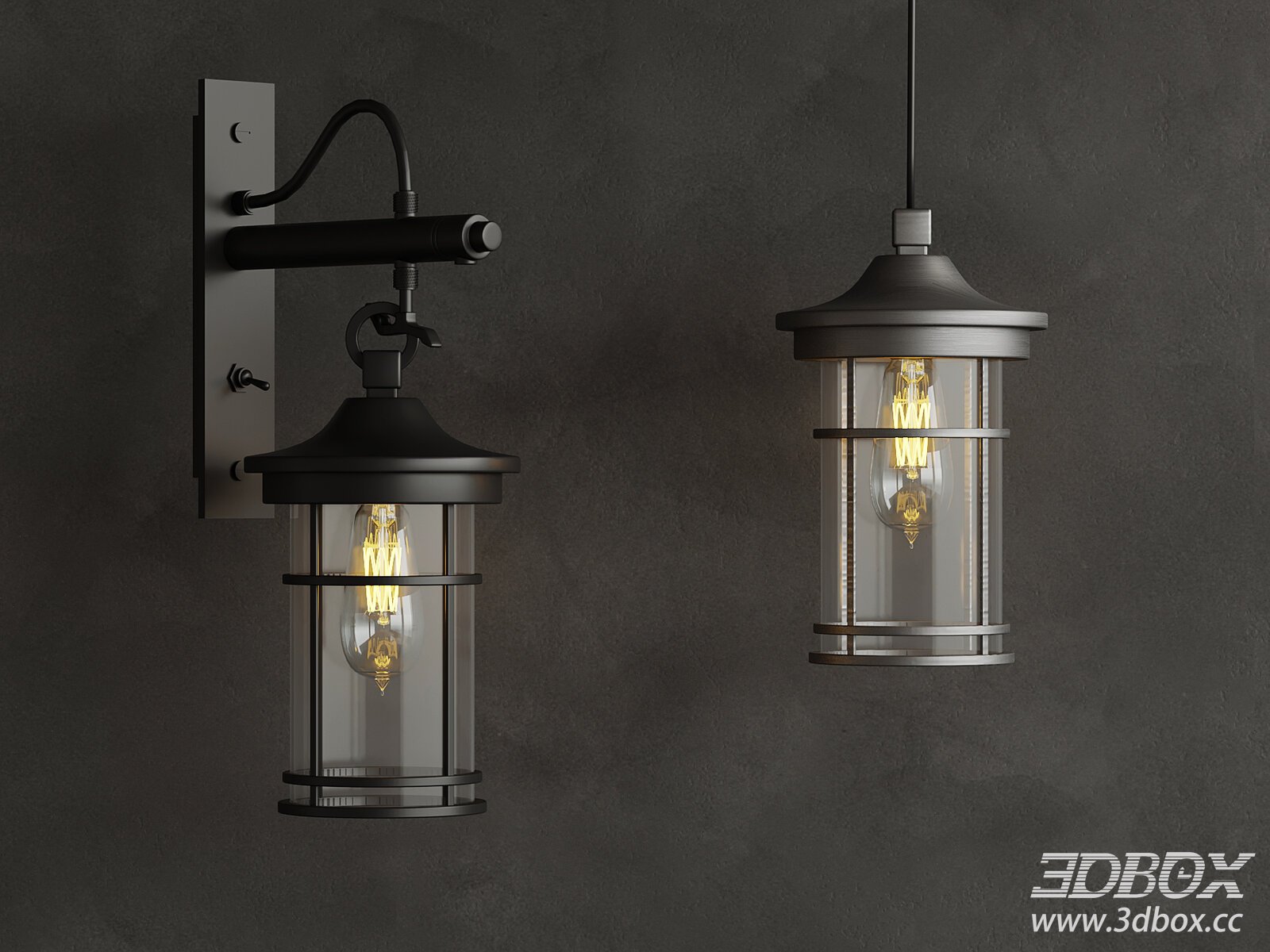 Industrial Wall Lamp and Pendant Lamp Set 3D model - thumbnail 1