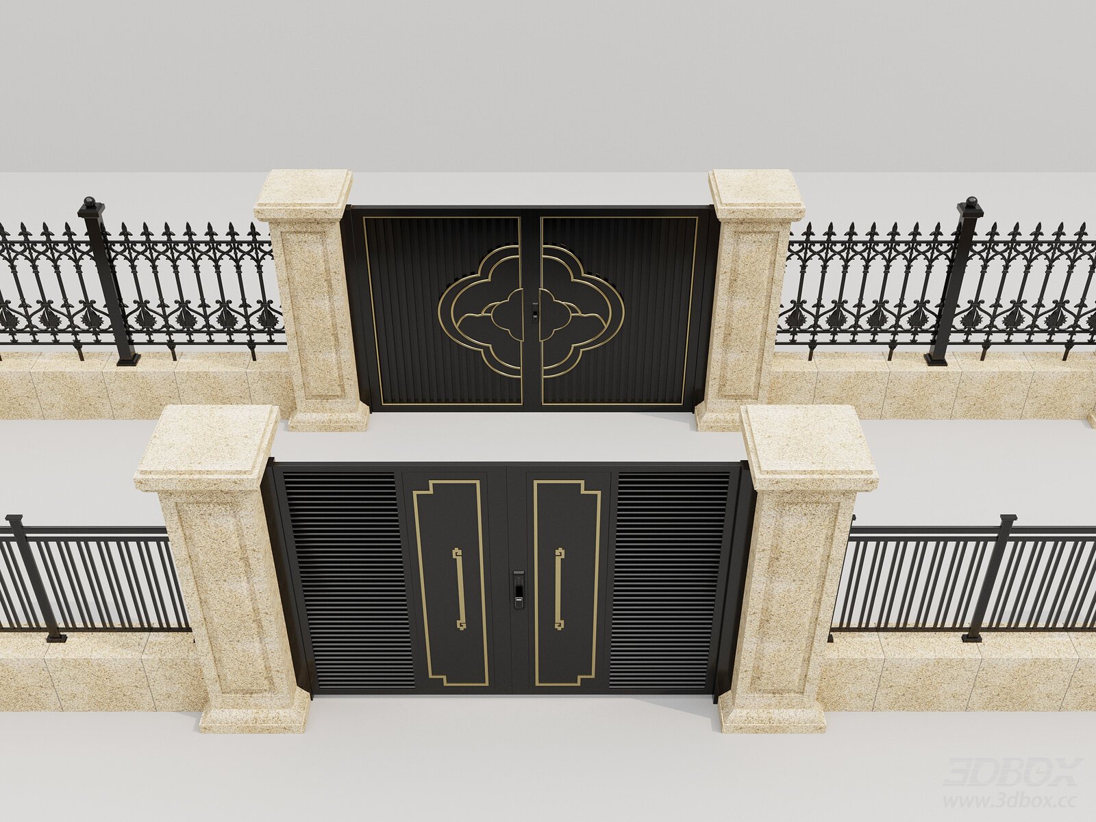 Luxury Villa Courtyard Gate with Wrought Iron Fence and Stone Pillars 3D model - front view