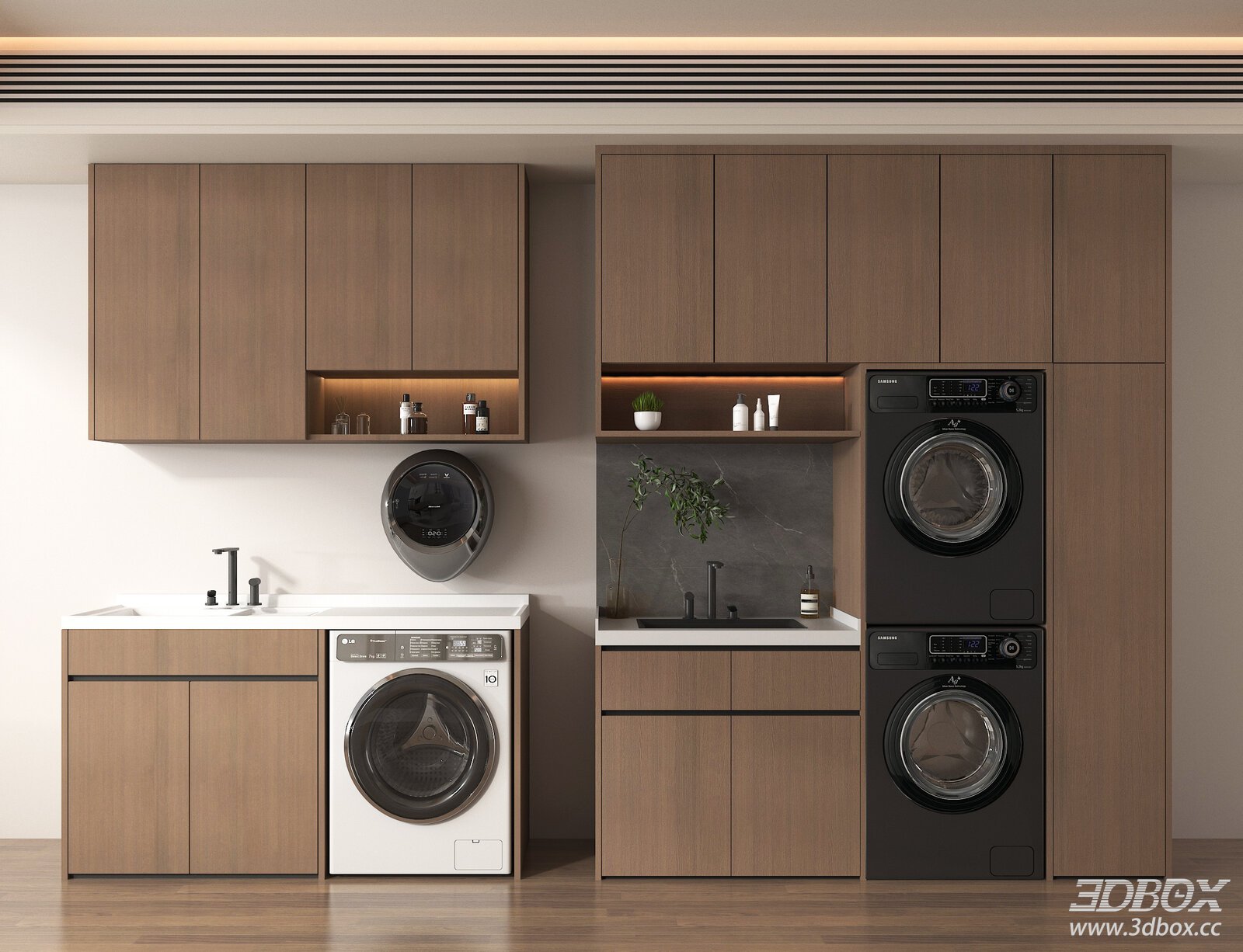 Modern New Chinese Style Laundry Cabinet with Washer Dryer 3D model - front view