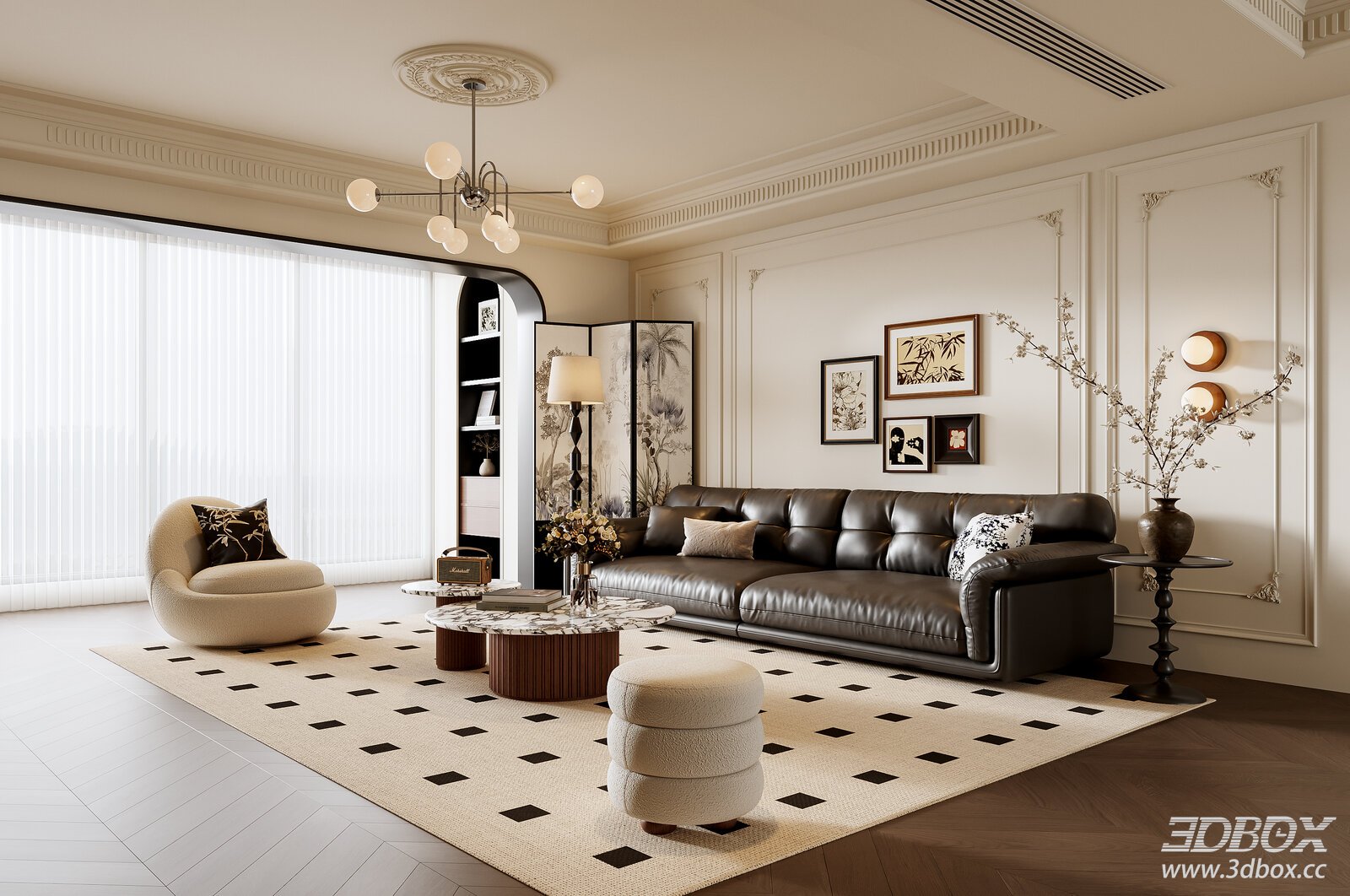 French Retro Classic Living Room Interior Scene 3D model - front view