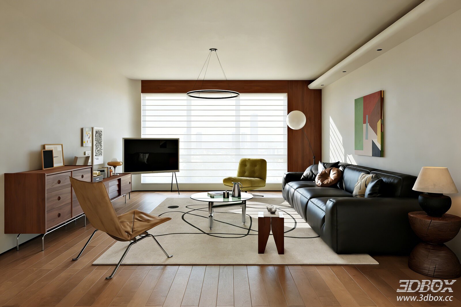 Modern Minimalist Living Room with Leather Sofa and TV Cabinet 3D model - front view