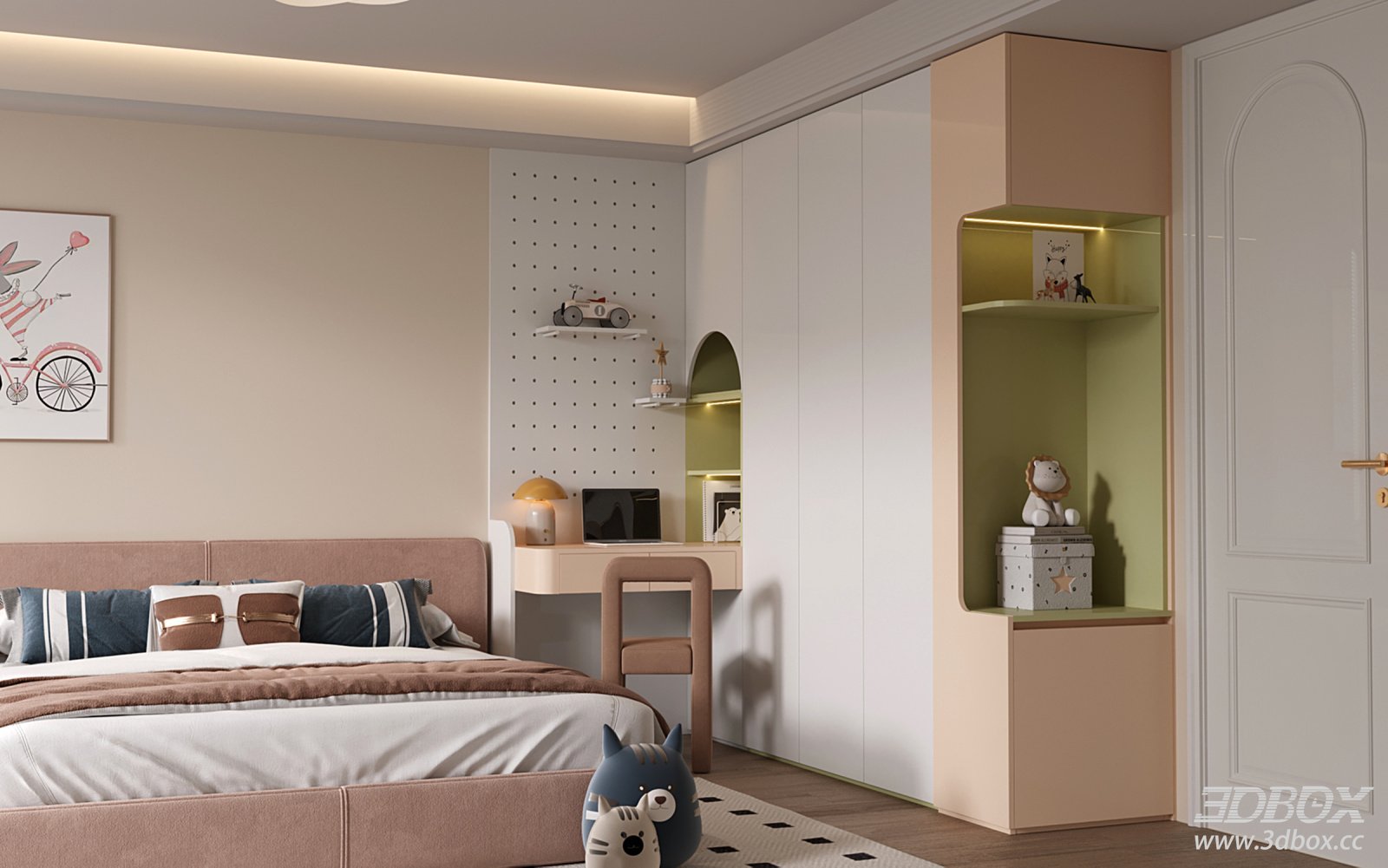 Modern Pastel Kids Bedroom with Wardrobe and Study Desk 3D model - front view